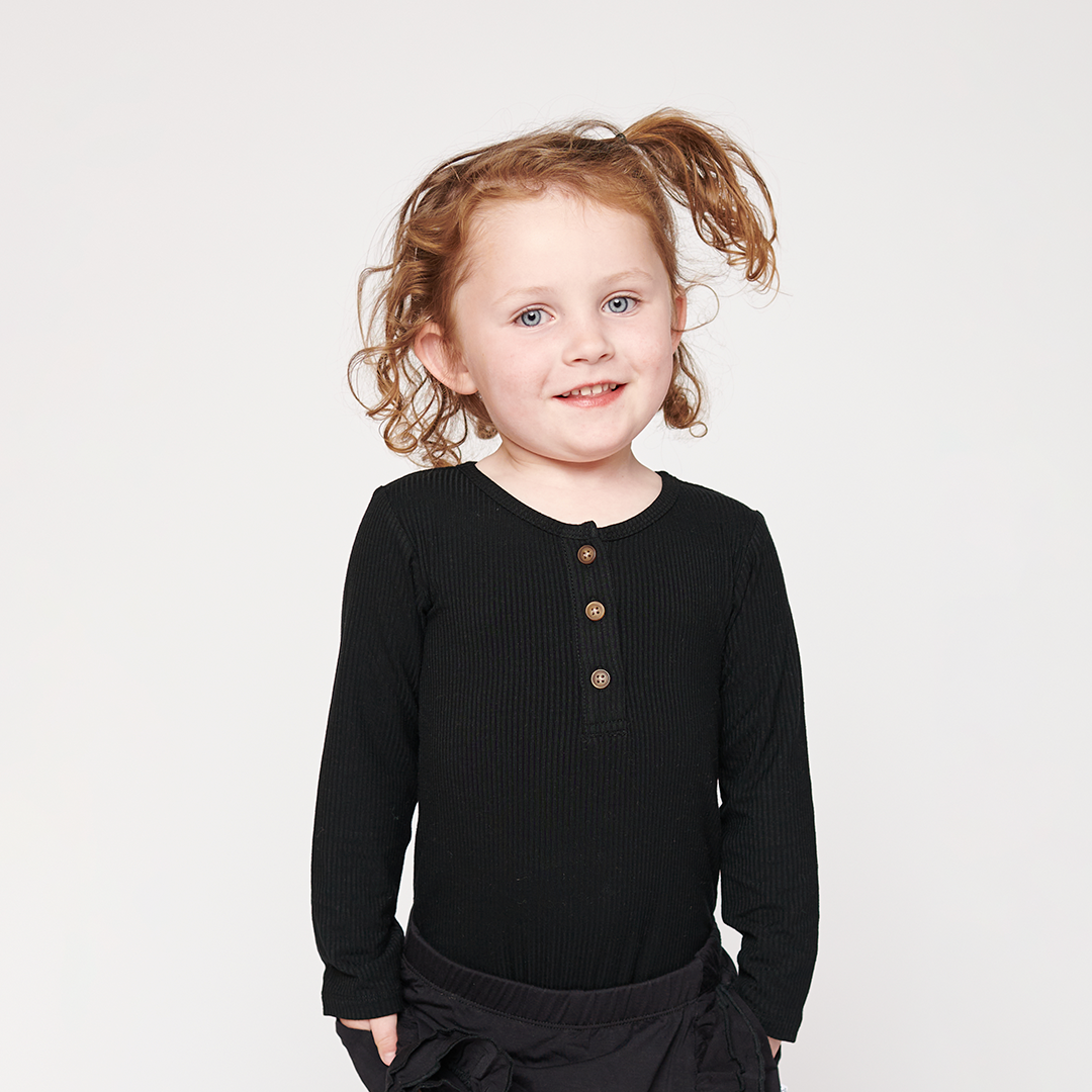 Black Ribbed Little Henley Bodysuit