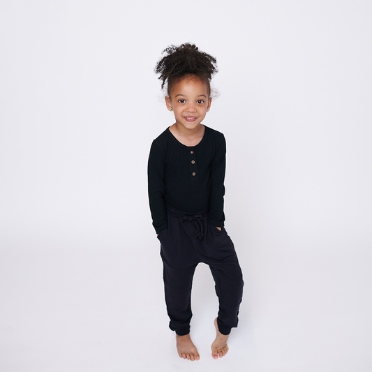 Black RIBBED Long Sleeve Henley Shirt